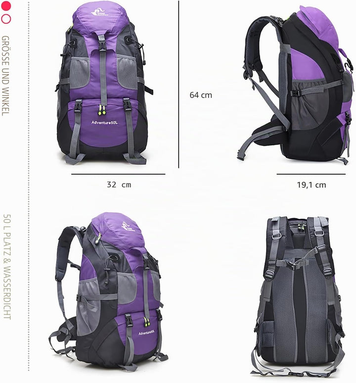 Bseash 50L Leichter wasserfester Wanderrucksack, Outdoor Sport Tagesrucksack Multifunktions Reisetas
