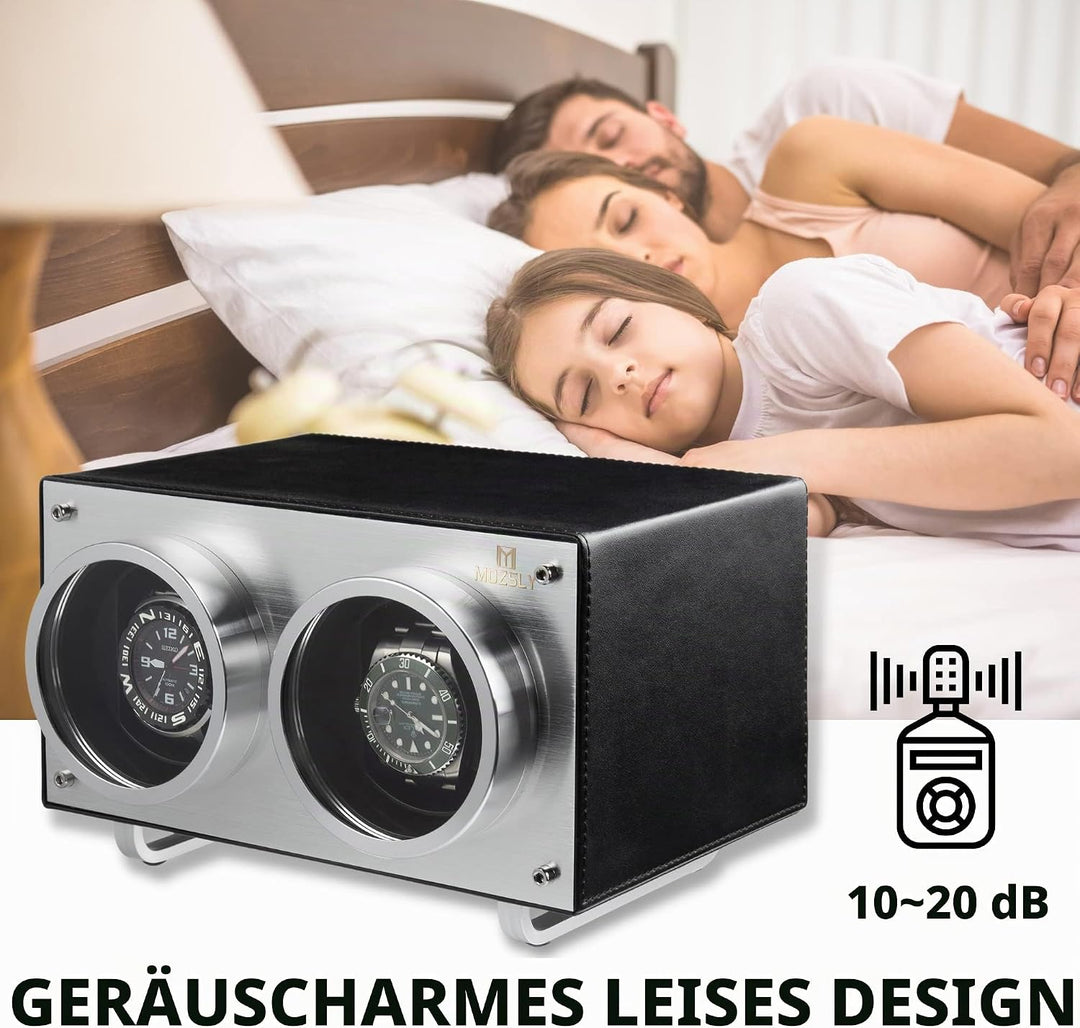 MOZSLY Doppel Uhrenbeweger für Automatik-Uhren mit leisem Motor 12 Rotationsmodi Einstellung Leder S