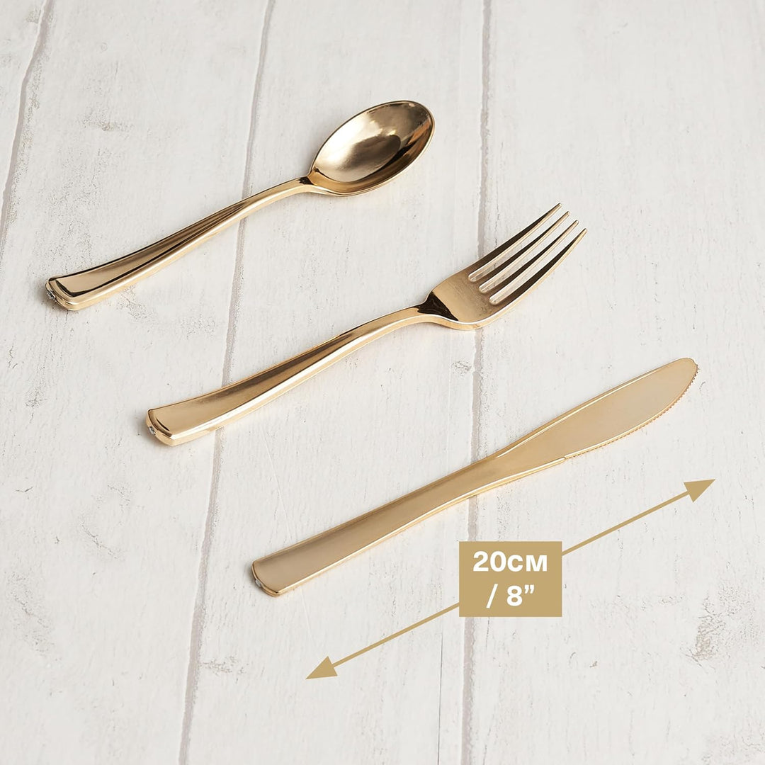MATANA 720 Elegantes Wiederverwendbares Goldenes Besteck Set – 240 Messer, 240 Gabeln, 240 Löffel –
