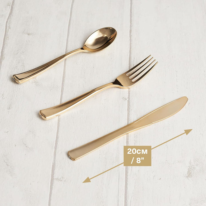 MATANA 720 Elegantes Wiederverwendbares Goldenes Besteck Set – 240 Messer, 240 Gabeln, 240 Löffel –
