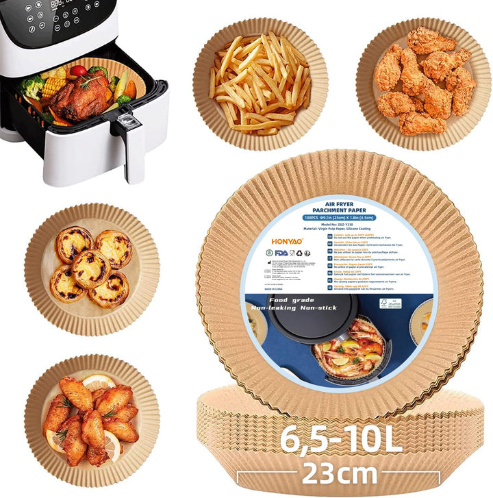 HONYAO Backpapier für Heissluftfritteuse XXL 6,2-8 L, Rund 23 cm 100 Stück Pergamentpapier Airfryer