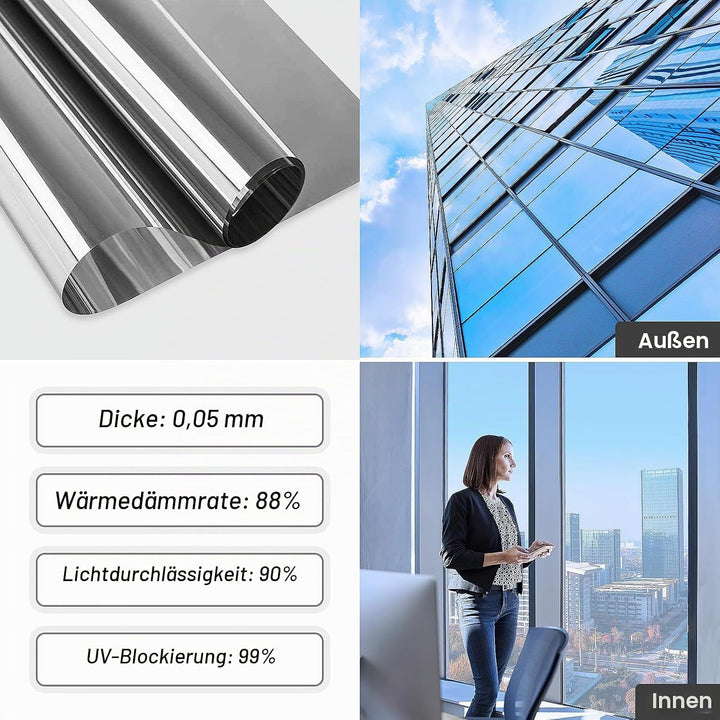 Spiegelfolie Selbstklebend Sonnenschutzfolie Fenster innen UV-Schutz Reflektierende Fensterfolie Sil