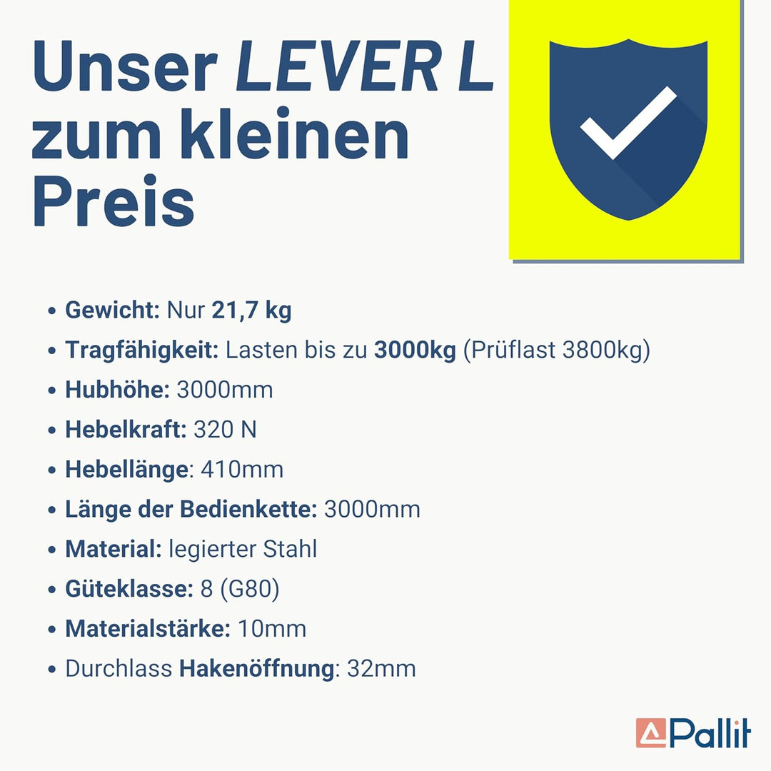 Pallit LEVER-L Hebelzug Kettenzug 3000kg Flaschenzug 3 m Kettenlänge Seilwinde strapazierfähige Last