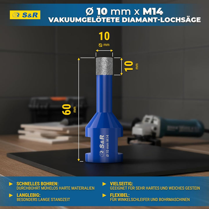 S&R Professional 2-tlg Diamantbohrer M14, Diamant Fliesenbohrer Set 10mm für Winkelschleifer, für Ha