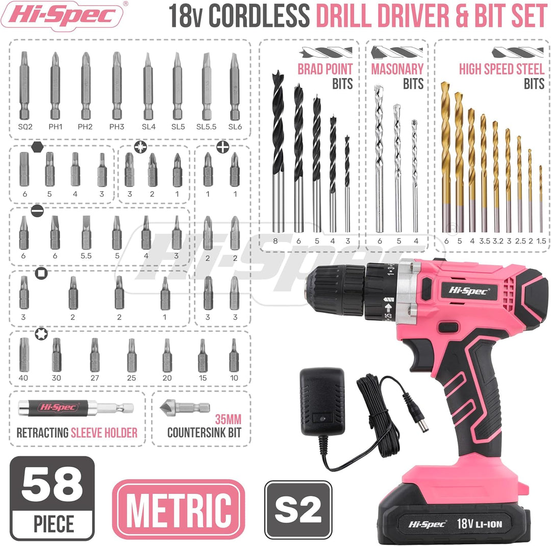 Hi-Spec 58-tlg. 18V-Akkubohrer in Pink Rosa mit S2 Bit Satz. DIY Akkuschrauber, Bohrmaschine für Met