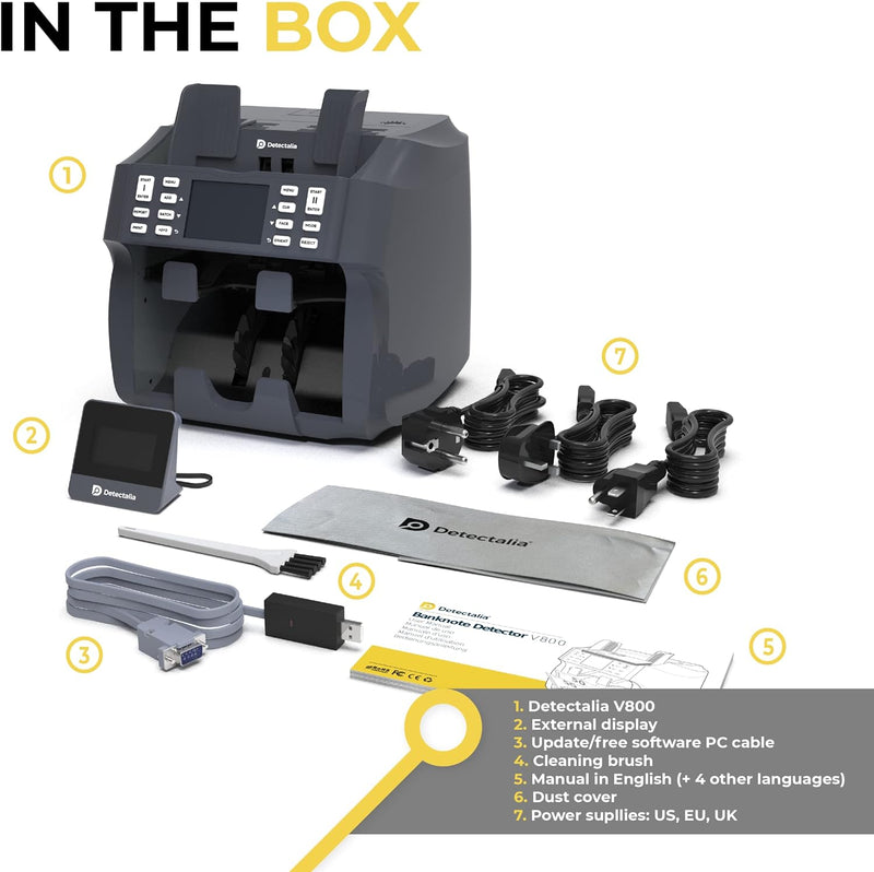 Detectalia V800 Banknotenzähler und Sortiergerät EUR, GBP, USD, CHF, MAD, Integrierter Thermodrucker