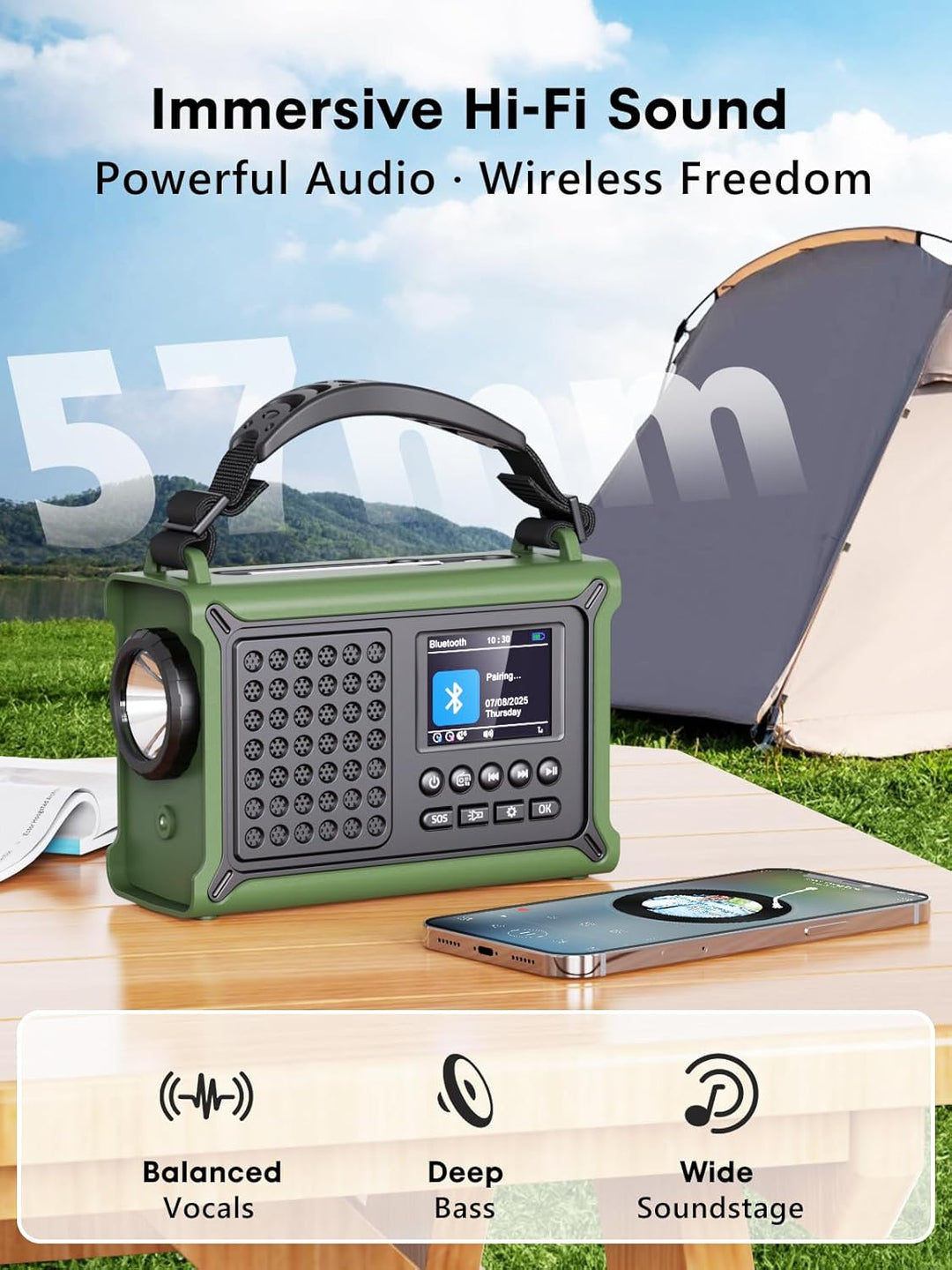 ROCAM Tragbares DAB+ Radio mit Bluetooth, 12000mAh Kurbelradio mit 8500mm² Solarpanel & 650mA Kurbel