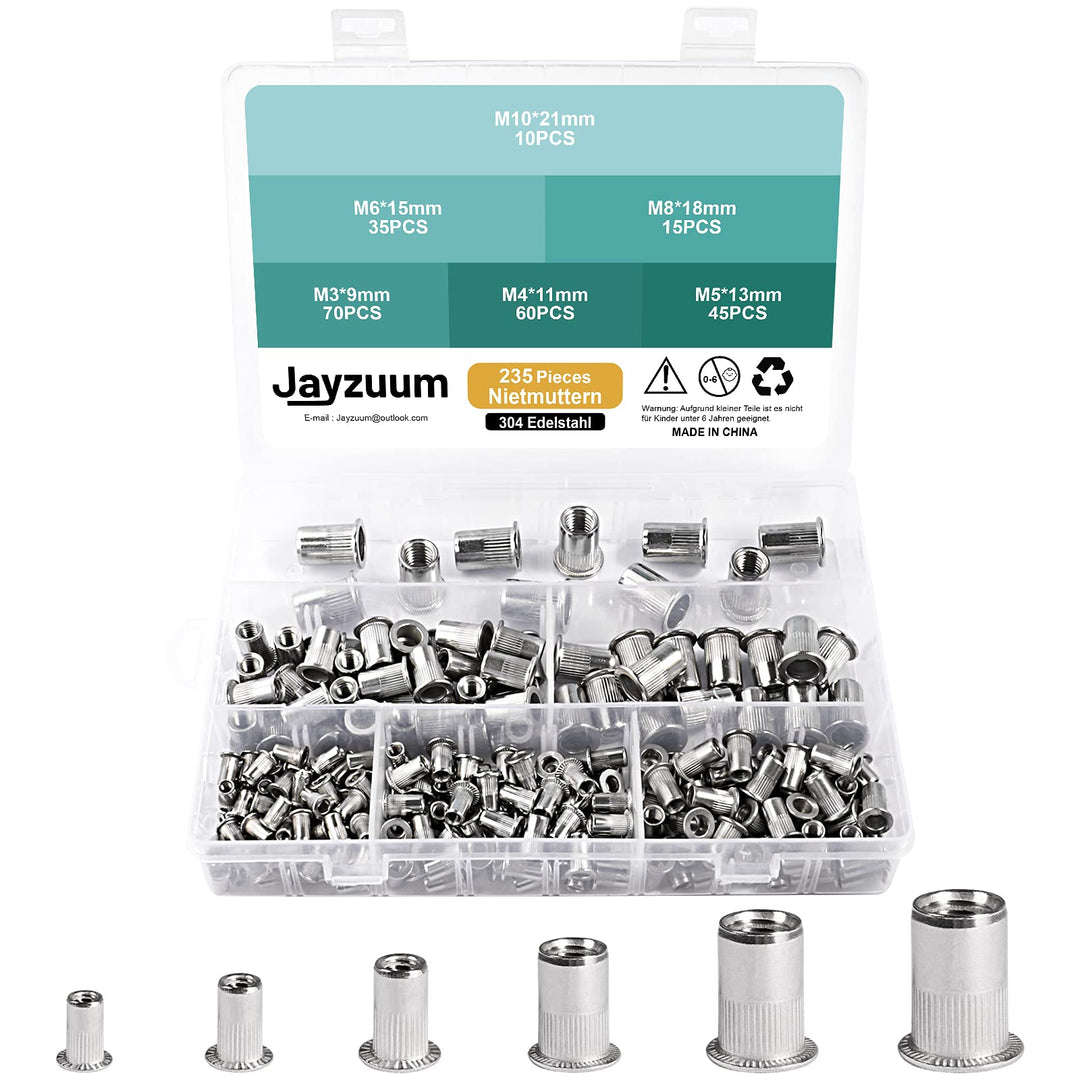 Jayzuum 235 Stück Nietmuttern Sortiment Set, M3 M4 M5 M6 M8 M10 A2-70 Edelstahl Zugnietmutter Rivet