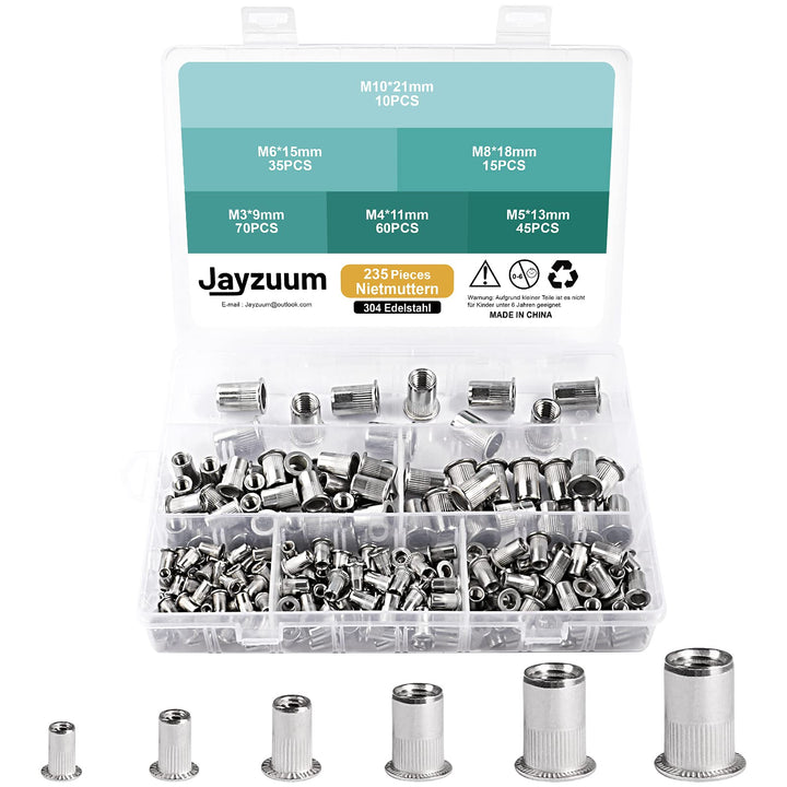 Jayzuum 235 Stück Nietmuttern Sortiment Set, M3 M4 M5 M6 M8 M10 A2-70 Edelstahl Zugnietmutter Rivet