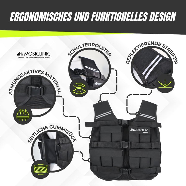 Mobiclinic®, Gewichtsweste, 10/20kg, Weighted vest, Verstellbar, Langlebig, 600D-Oxford-Gewebe, Inkl