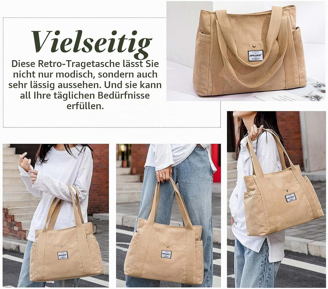 HAWEE Canvas Damen Handtasche Shopper Tote Bag Grosse Schultertasche mit Reissverschluss Umhängetasc