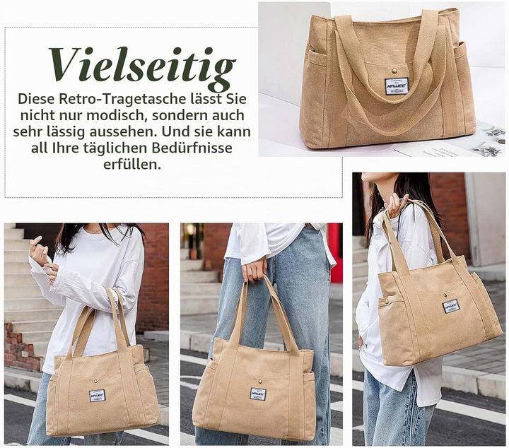 HAWEE Canvas Damen Handtasche Shopper Tote Bag Grosse Schultertasche mit Reissverschluss Umhängetasc