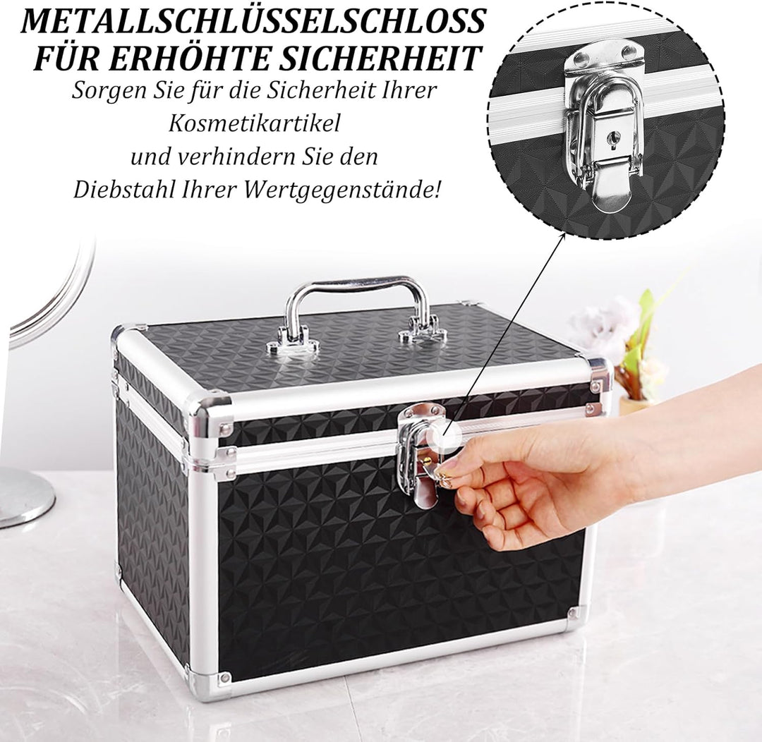 Kosmetikkoffer Hartschale mit Spiegel, Schminkkoffer Leer mit Schloss & Schlüssel, Schwarz Tragbarer