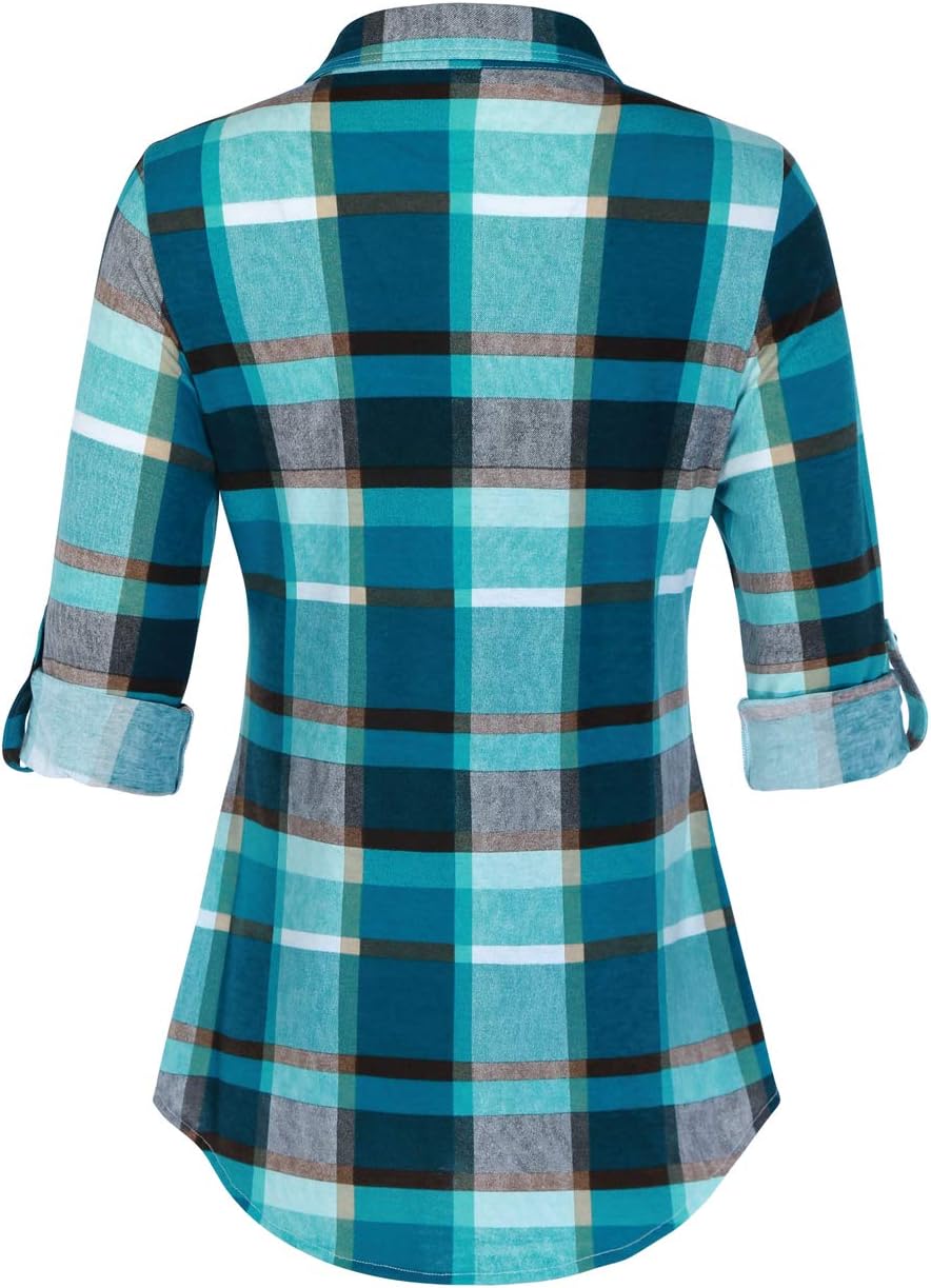 DJT Damen Weiches Gestrick Karierte Bluse Langarm 3/4 Roll Up Ärmel Hemdbluse Button-down Blusen Top