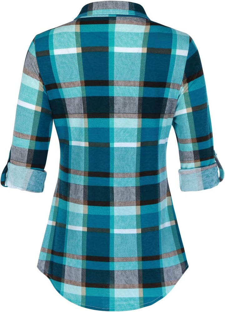 DJT Damen Weiches Gestrick Karierte Bluse Langarm 3/4 Roll Up Ärmel Hemdbluse Button-down Blusen Top