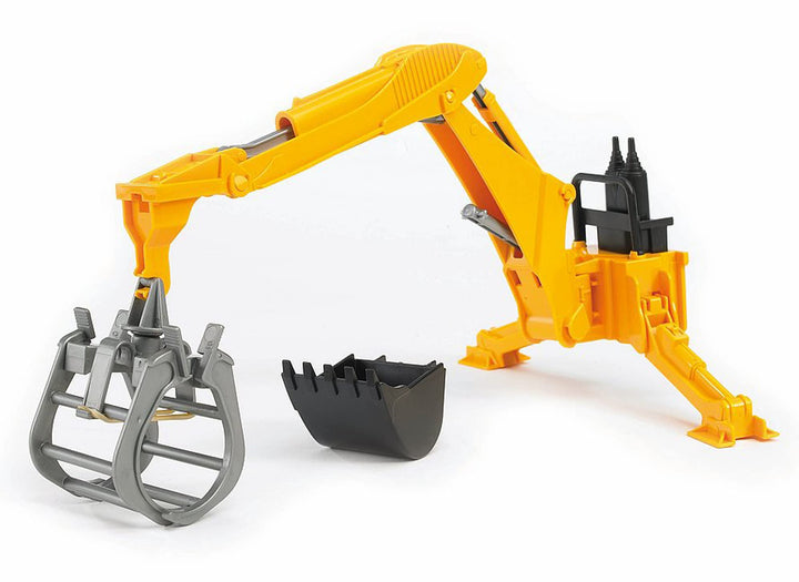 bruder 02338 - Zubehör Heckbagger mit Greifer & Schaufel - 1:16 Traktor Zubehör, Anhänger, Forstwirt