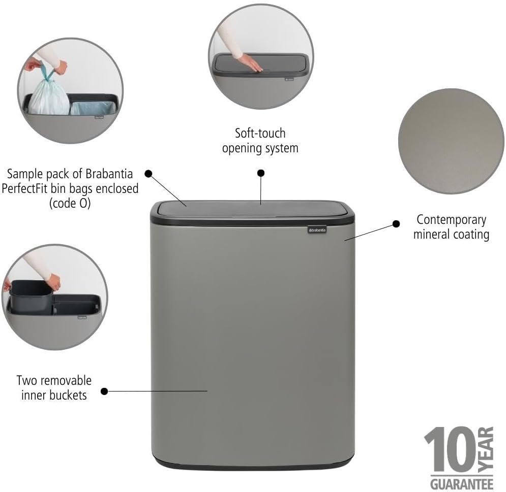 Brabantia 221460 Bo Touch Bin – 2 x 30 Liter Inneneimer (Mineralbeton grau) Abfalleimer / Recycling