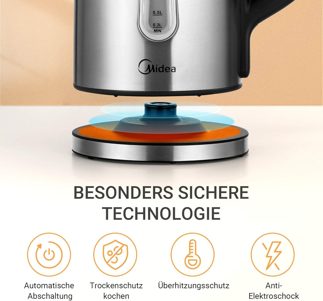 Midea Wasserkocher mit Temperatureinstellung (40, 60, 70, 80, 90, 100 Degree C),Edelstahl 1,7 Liter,