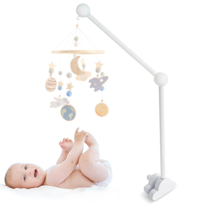 Mobile Halterung Holz für Babybett, Mobile Ständer Weiss Wolken Design, 360°Drehbar Baby Mobile Aufh