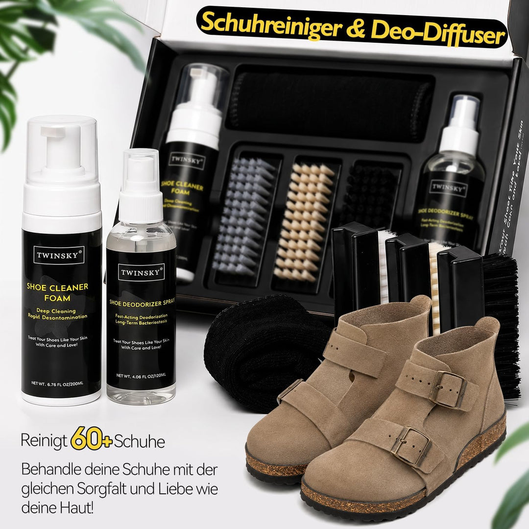 6-in-1-Schuhpflege-Set, mit pflanzlichem Schaum, Desodorierungsspray, 3 Bürsten und Mikrofasertuch,