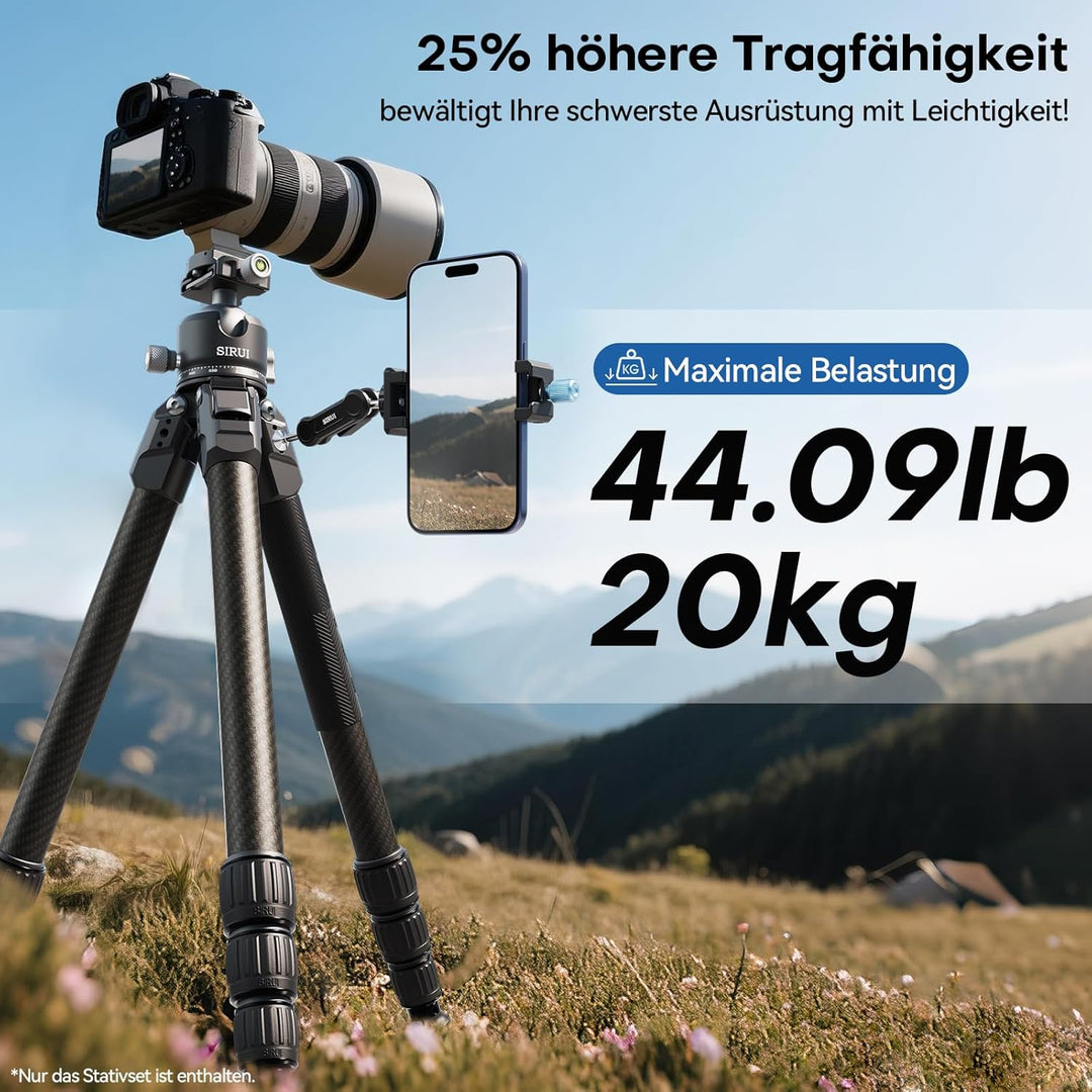 SIRUI Professionelles Carbon Fiber Stativ mit 43mm Flachkugelkopf, Max. 128cm Höhe, 20kg Traglast, U