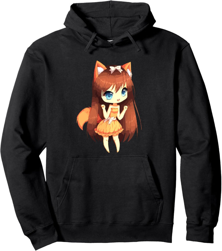 Chibi Style Kawaii Japanese Anime Girl With Fox Ears & Tails Pullover Hoodie