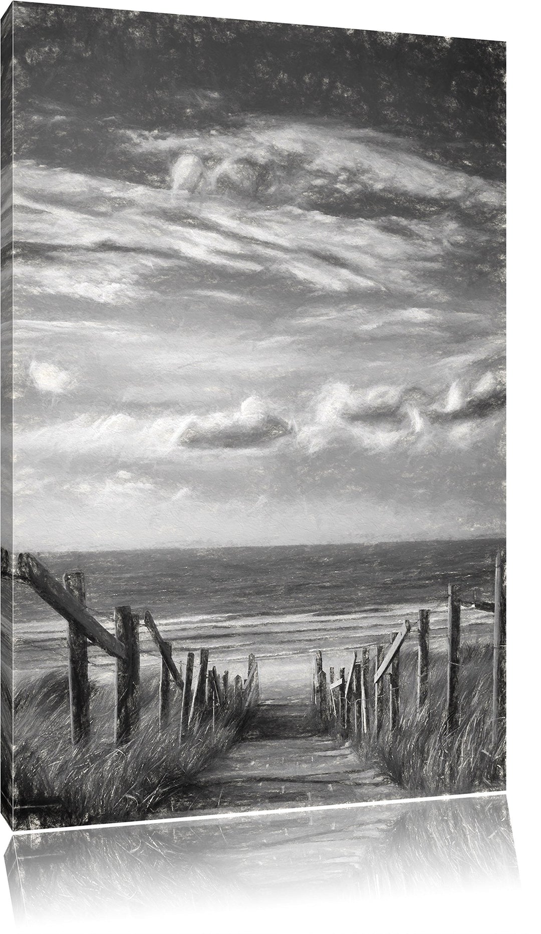 Pixxprint Weg zum Strand am Meer Kunst Kohle Effekt, Format: 100x70 auf Leinwand, 100x70