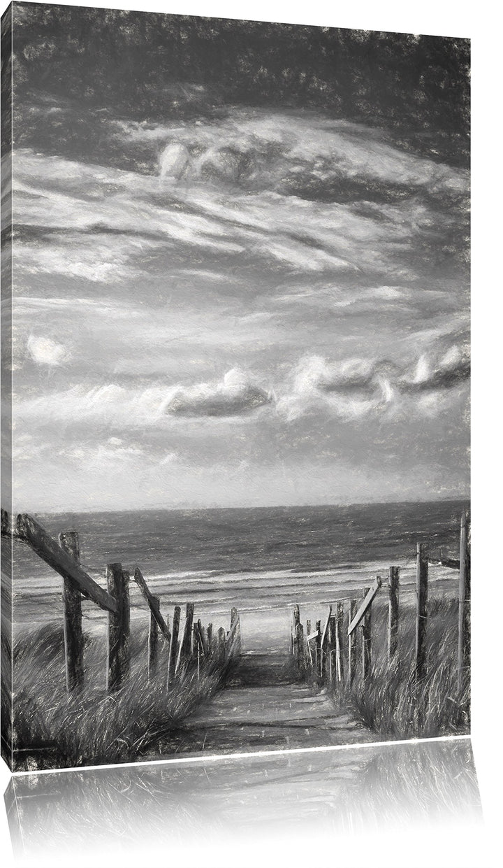 Pixxprint Weg zum Strand am Meer Kunst Kohle Effekt, Format: 100x70 auf Leinwand, 100x70