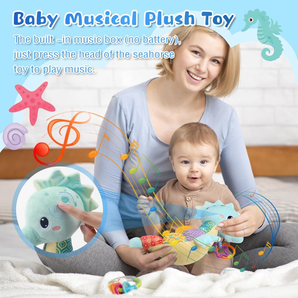 Multifunktionales Kleinkindspielzeug Buntes Baby Spielzeug mit Musik, Plüsch Seepferdchen zum Beisse