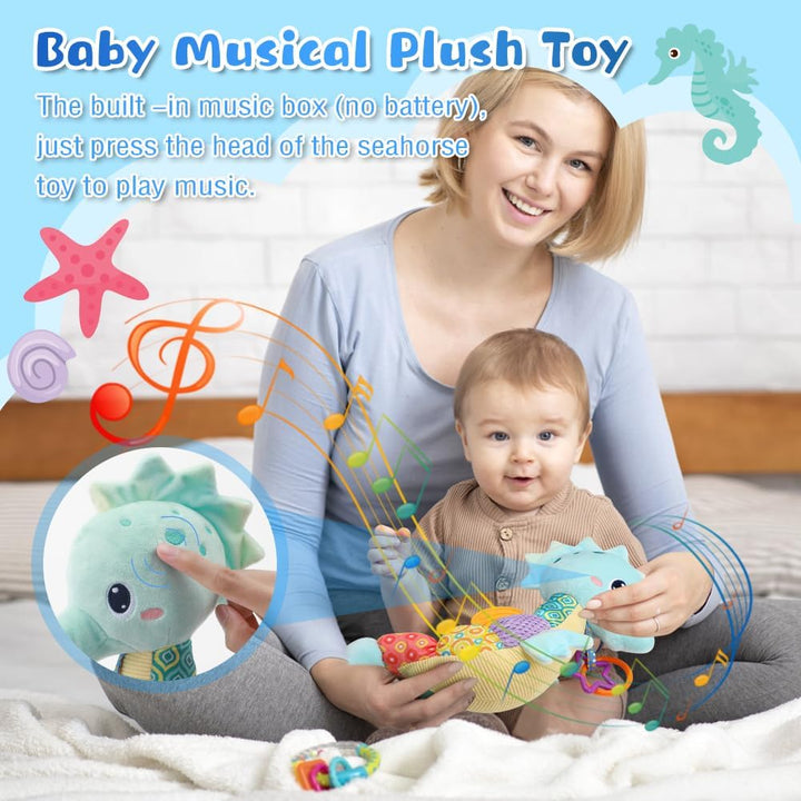 Multifunktionales Kleinkindspielzeug Buntes Baby Spielzeug mit Musik, Plüsch Seepferdchen zum Beisse