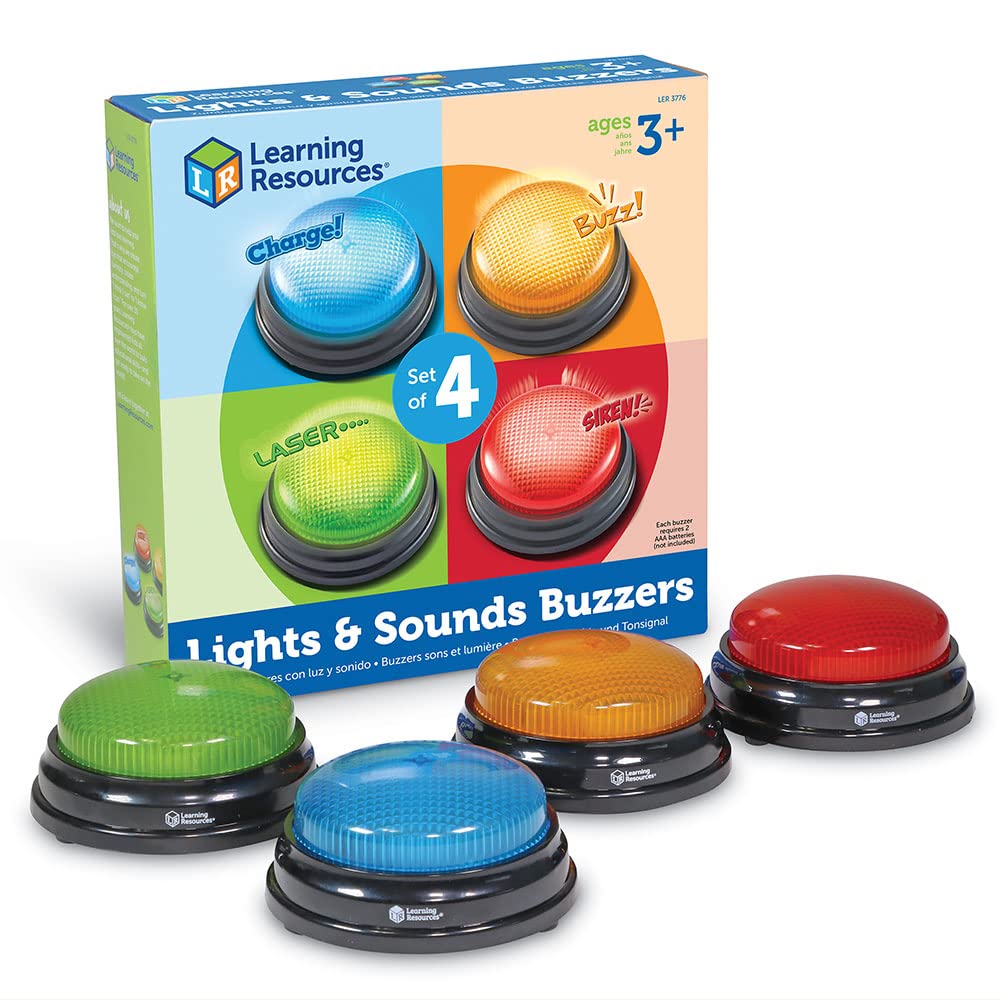 Learning Resources Antwort-Buzzer Licht & Sound 4er-Set – Quizshow-Signalgeräte Ø 9 cm für Familie,