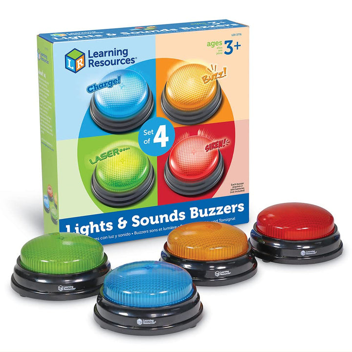Learning Resources Antwort-Buzzer Licht & Sound 4er-Set – Quizshow-Signalgeräte Ø 9 cm für Familie,