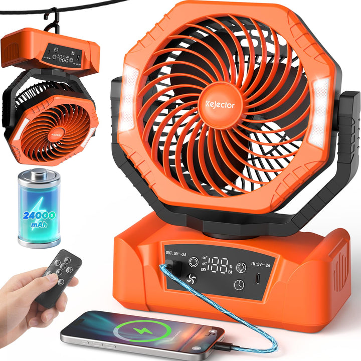 Camping Ventilator mit 24000mAh Akku Wiederaufladbar, HD Digitalanzeige |USB| LED-Licht| Timer, 6 Ge
