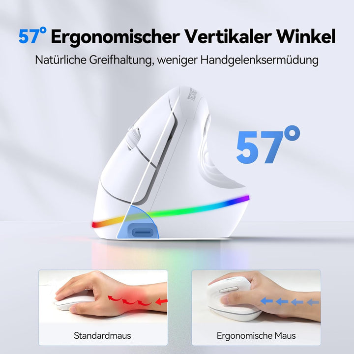 TECKNET Vertikale Ergonomische Kabellos Maus, 2,4 GHz + Bluetooth, Wiederaufladbar Maus mit 4800 DPI
