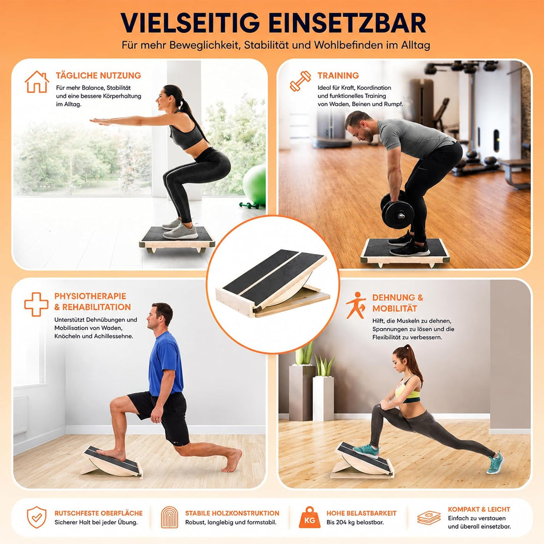 Professionelles 2-in-1 Holz Schrägbrett & Balance Board Verstellbares Neigungsbrett und Wadendehner,