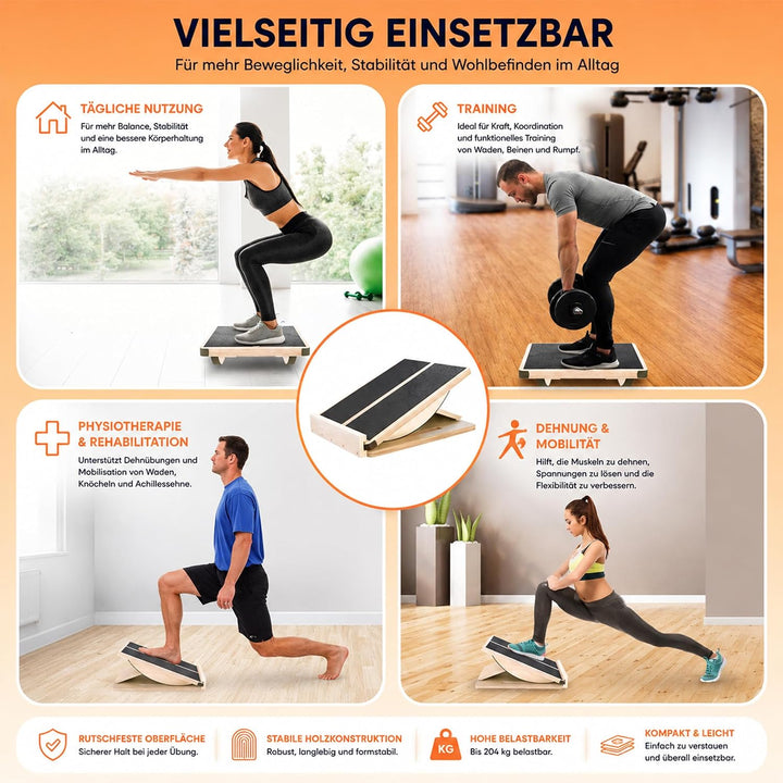 Professionelles 2-in-1 Holz Schrägbrett & Balance Board Verstellbares Neigungsbrett und Wadendehner,