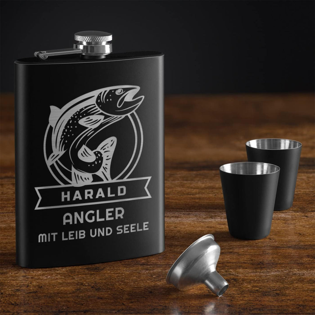 Maverton Flachmann Set 200 ml mit Gravur - Taschenflasche + 4 Schnapsgläsern 20 ml mit Trichter - Br