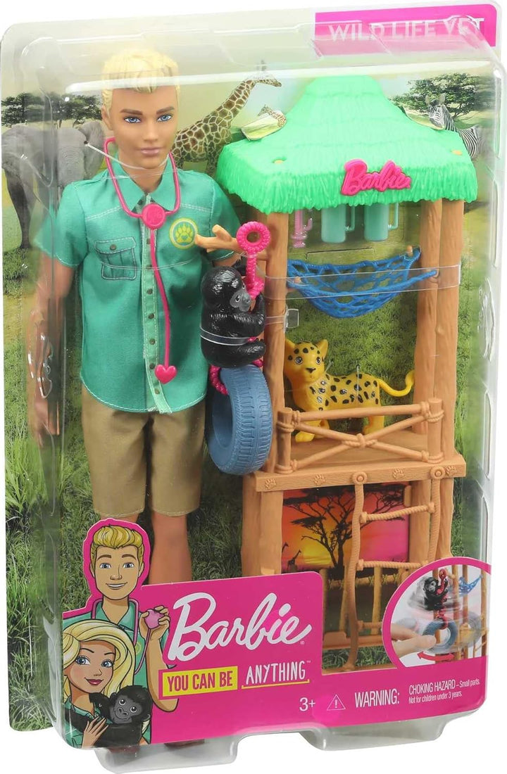 Barbie GJM33 - Ken Wildtierarzt-Puppe mit Spielset, Pflegestation, Gepardenbaby, Äffchen sowie Zubeh