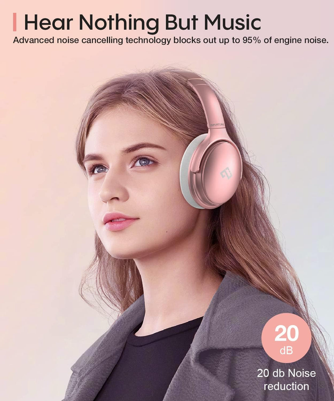 INFURTURE Noise Cancelling Kopfhörer, Roségold, Geräuschunterdrückung-Kopfhörer, Wireless, Bluetooth