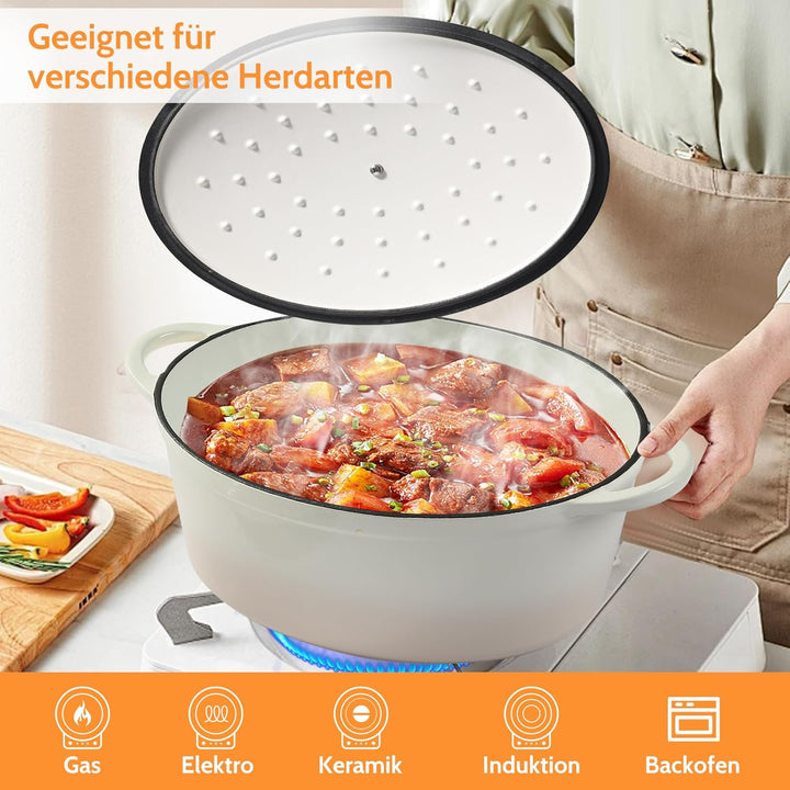 Gusseisen Bräter mit Deckel, Oval Gusseisen Topf 6.6L, Emaille Topf Gross Backofengeeignet, Schmorto