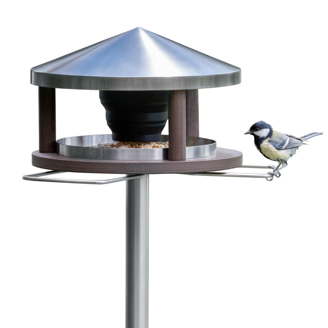 Vogelhaus mit Ständer wetterfest aus Edelstahl - Stabiles Vogelfutterhaus für draussen, modern aus M