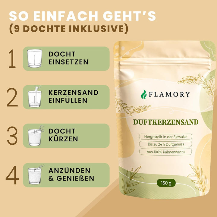 Duftkerzensand Set – mit Duft & Dochten (9 Stk.) – ohne Paraffin – aus Pflanzenwachs – einfache Anwe