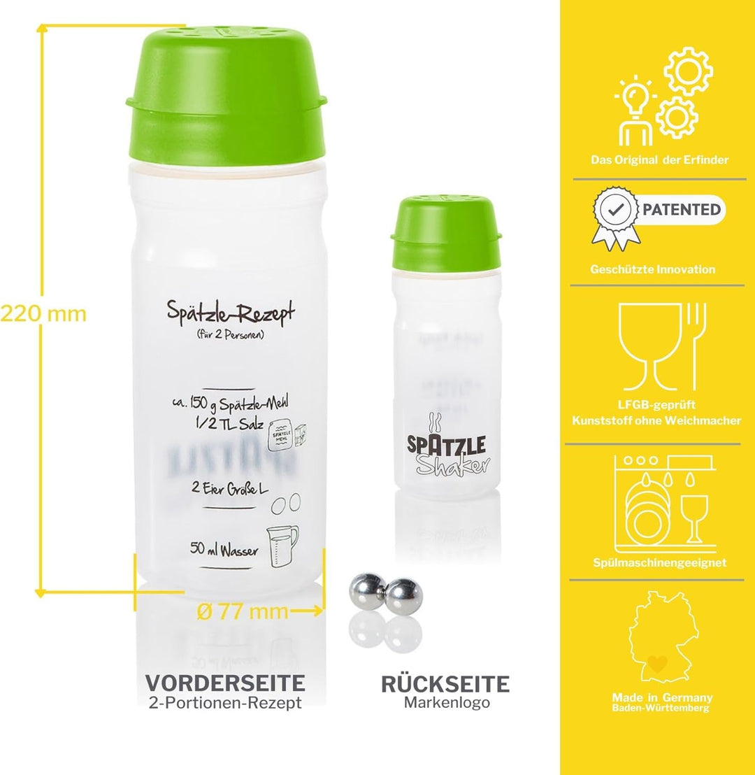Spätzle-Shaker (GRÜN) für 2 Portionen selbstgemachte Spätzle (675ml) Spätzlepresse und Mixer in eine