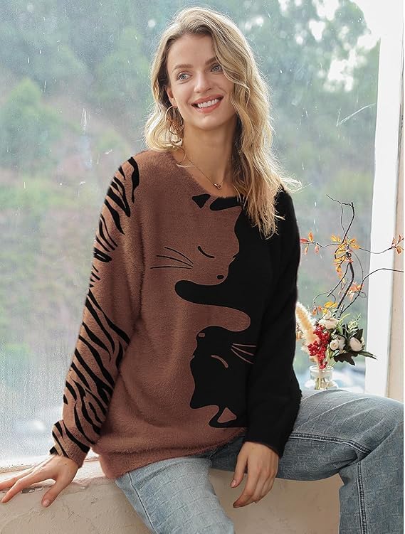 Janein Damen Pullover Oversize Lang Strickpullover Herbst Winter Rundhals Sweater mit Blumenmuster W