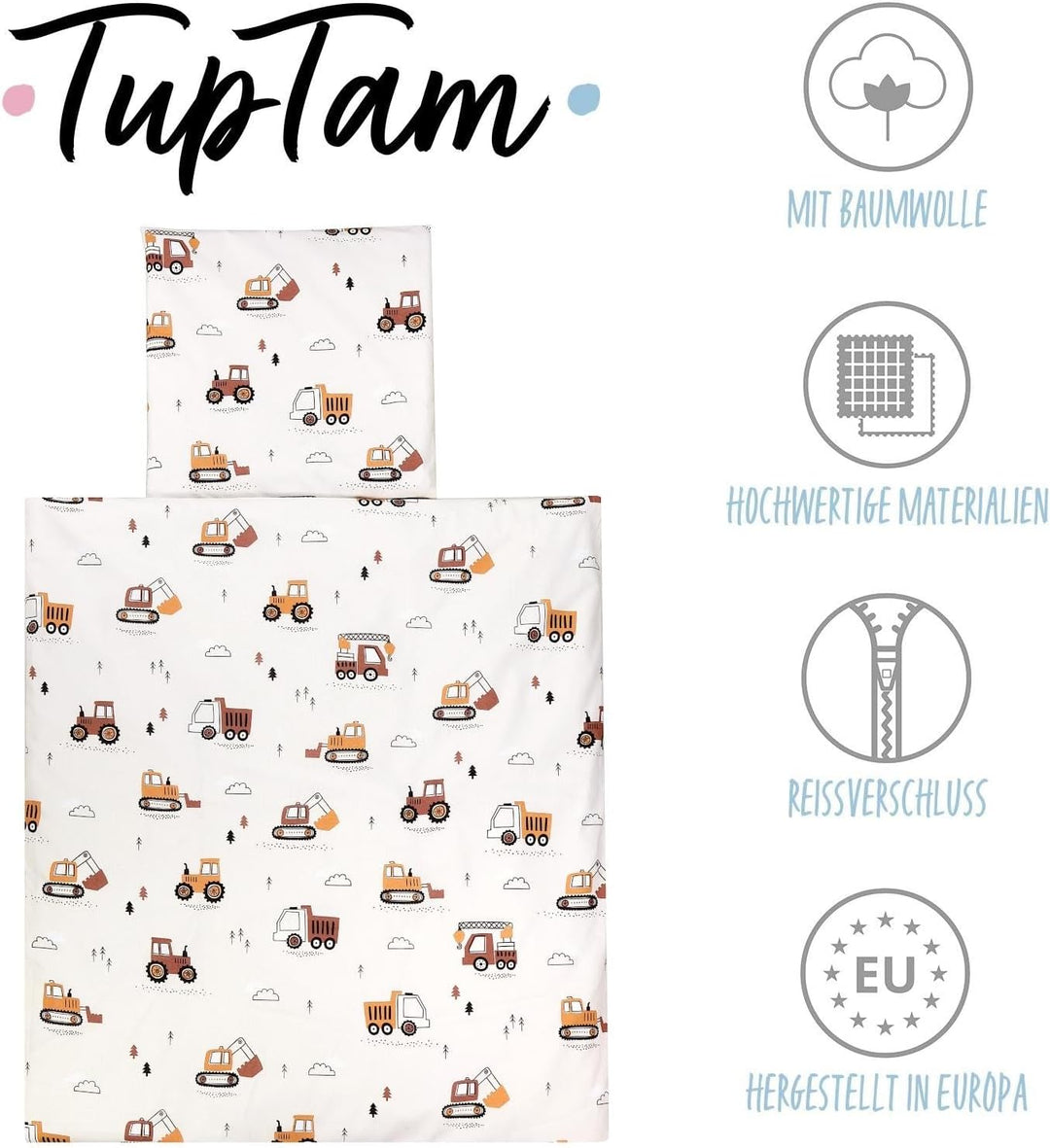 TupTam Unisex Baby Wiegenset 4-teilig Bettwäsche-Set: Bettdecke und Kopfkissen mit Bezug, Farbe: Bau