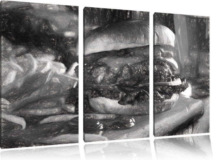 Pixxprint Saftiger Chili Cheese Burger Kohle Zeichnung Effekt 3-Teiler Leinwandbild 120x80 Bild auf