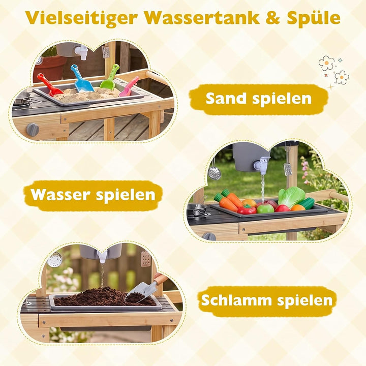 COSTWAY Matschküche Kinder Outdoor, Spielküche mit Wassertank & Wasserhahn | Kinderküche mit Rädern,
