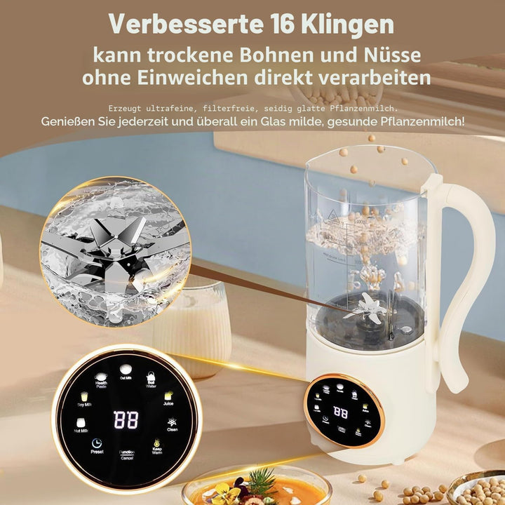 9-in-1 Automatischer Sojamilchbereiter, 1400 ml, Nussmilchbereiter, selbstreinigend, 16 Klingen mach