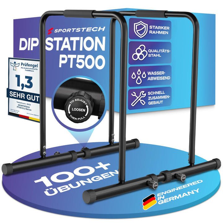 Sportstech, Dip Station Barren höhenverstellbar + App-Coaching PT500 | Dip Stange, Parallettes & Cal