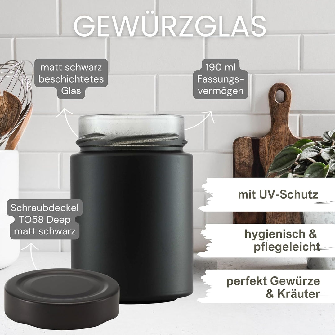 mikken 6 Gewürzgläser 190ml matt schwarz mit Schraubdeckel und Etiketten